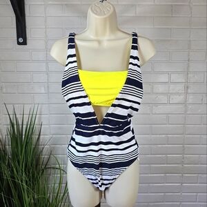 NWT Aerie Striped Layered One-Piece Full Coverage Swimsuit Size Medium Navy Blue